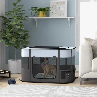 PawHut - Parc pliable chien - fenêtres, portes en maille, sac - gris noir