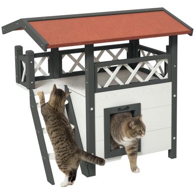 PawHut - Maison pour chat avec terrasse escalier toit bois - gris blanc