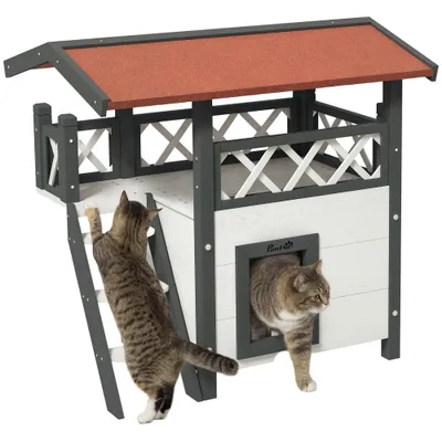 PawHut - Maison pour chat avec terrasse escalier toit bois - gris blanc PawHut - Maison pour chat avec terrasse escalier toit bois - gris blanc