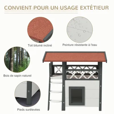 PawHut - Maison pour chat avec terrasse escalier toit bois - gris blanc PawHut - Maison pour chat avec terrasse escalier toit bois - gris blanc