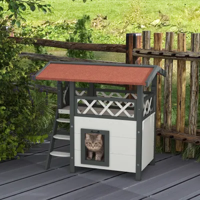 PawHut - Maison pour chat avec terrasse escalier toit bois - gris blanc PawHut - Maison pour chat avec terrasse escalier toit bois - gris blanc