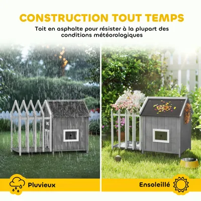 PawHut - Niche sur pied - terrasse porte fenêtre toit bitumé - blanc gris