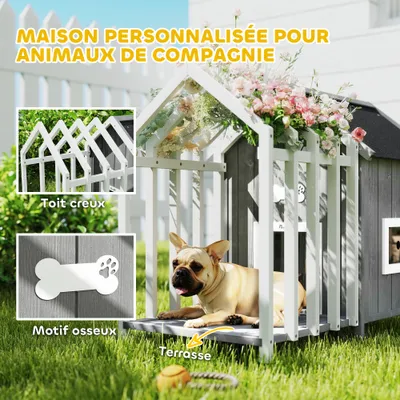 PawHut - Niche sur pied - terrasse porte fenêtre toit bitumé - blanc gris