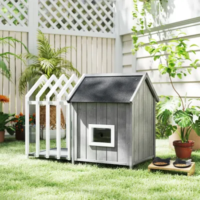 PawHut - Niche sur pied - terrasse porte fenêtre toit bitumé - blanc gris