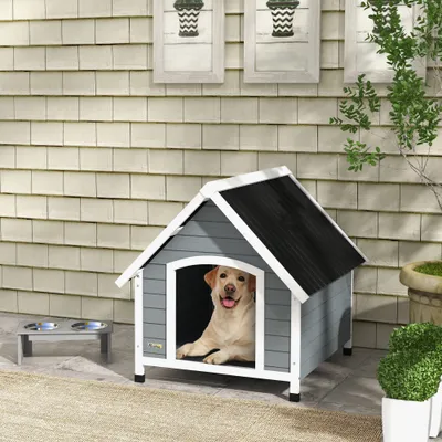 PawHut - Niche chien toit double pente plancher amovible - noir blanc gris