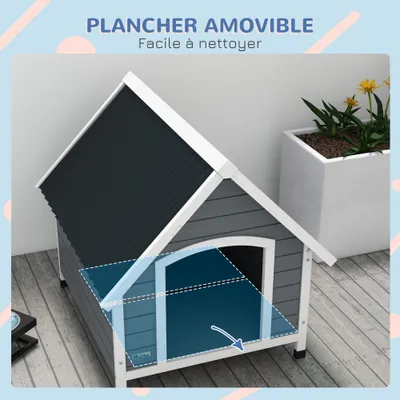 PawHut - Niche chien toit double pente plancher amovible - noir blanc gris