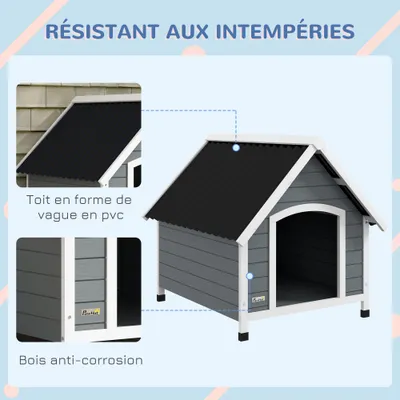 PawHut - Niche chien toit double pente plancher amovible - noir blanc gris