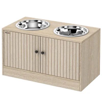PawHut - Gamelle double-surélevé 2en1 rangement 2portes-bois naturel PawHut - Gamelle double-surélevé 2en1 rangement 2portes-bois naturel