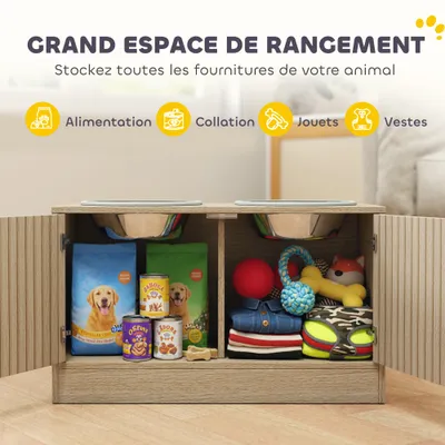 PawHut - Gamelle double-surélevé 2en1 rangement 2portes-bois naturel PawHut - Gamelle double-surélevé 2en1 rangement 2portes-bois naturel