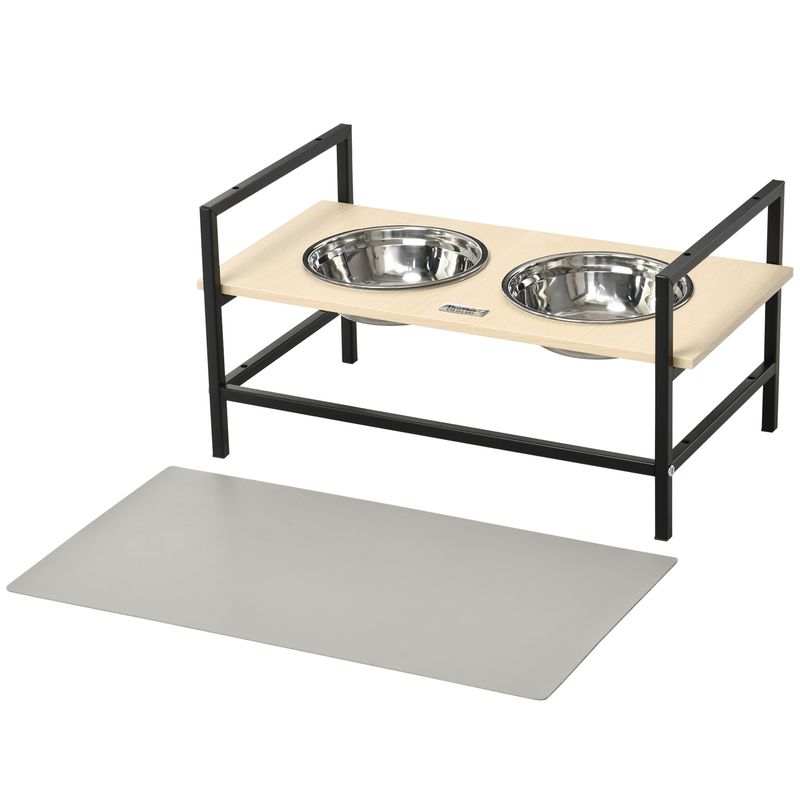 PawHut - Gamelle double-Surélevé réglable-2 gamelles inox - Bois clair