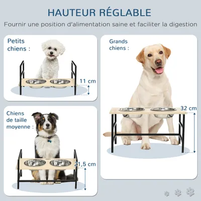 PawHut - Gamelle double-Surélevé réglable-2 gamelles inox - Bois clair