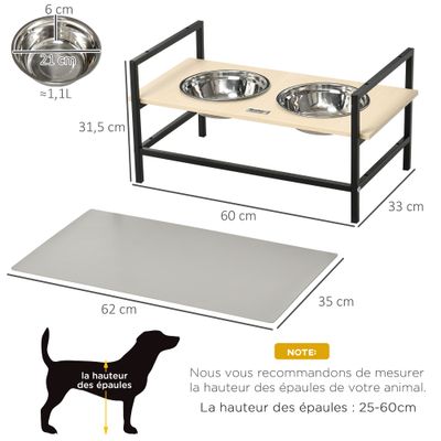 PawHut - Gamelle double-Surélevé réglable-2 gamelles inox - Bois clair
