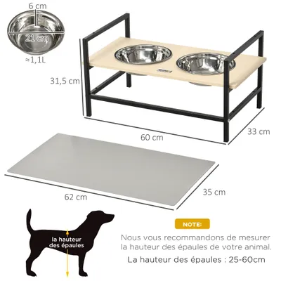 PawHut - Gamelle double-Surélevé réglable-2 gamelles inox - Bois clair