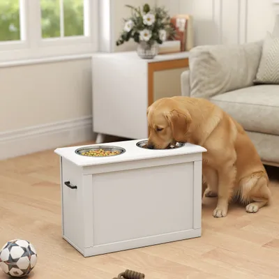 PawHut - Porte-gamelles surélevé avec 2 gamelles et coffre-blanc