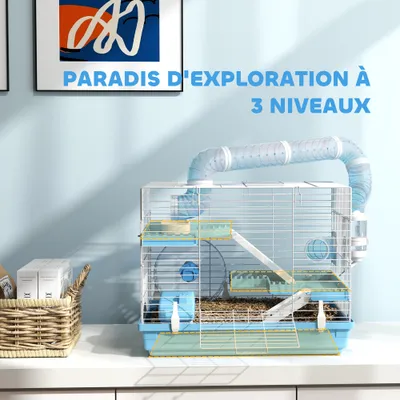 PawHut - Cage Hamster Portable 2 Portes 2 Étages - Blanc Bleu