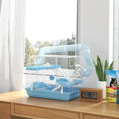 PawHut - Cage Hamster Portable 2 Portes 2 Étages - Blanc Bleu