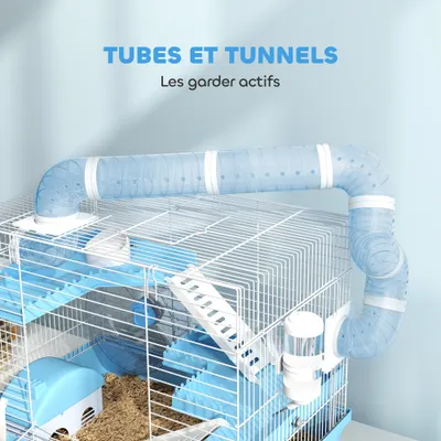 PawHut - Cage Hamster Portable 2 Portes 2 Étages - Blanc Bleu