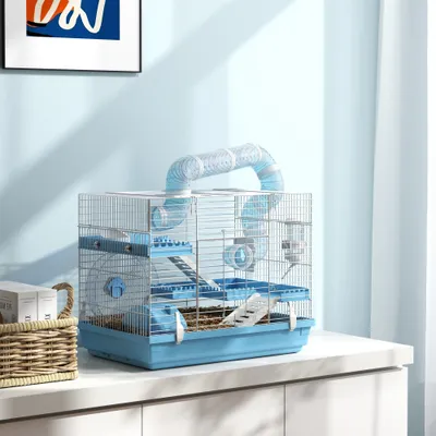 PawHut - Cage Hamster Portable 2 Portes 2 Étages - Blanc Bleu