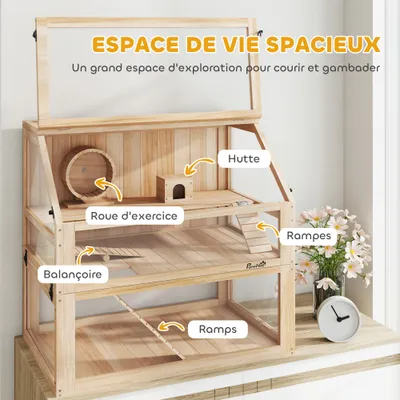 PawHut - Cage hamster 3 niveaux rampes roue bascule cabane H.76cm