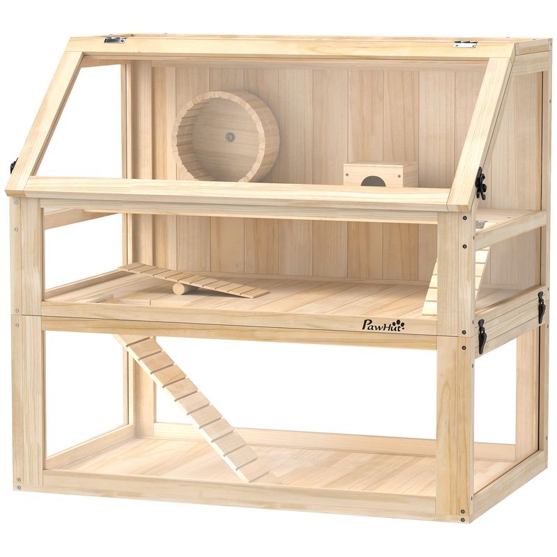 PawHut - Cage hamster 3 niveaux rampes roue bascule cabane H.76cm