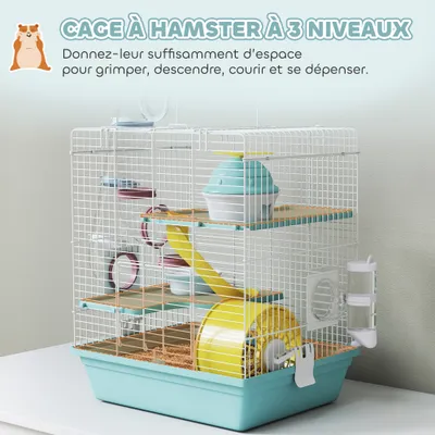 PawHut - Cage hamster 3 niveaux avec roue toboggan H.41cm-blanc bleu