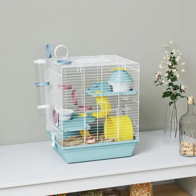 PawHut - Cage hamster 3 niveaux avec roue toboggan H.41cm-blanc bleu