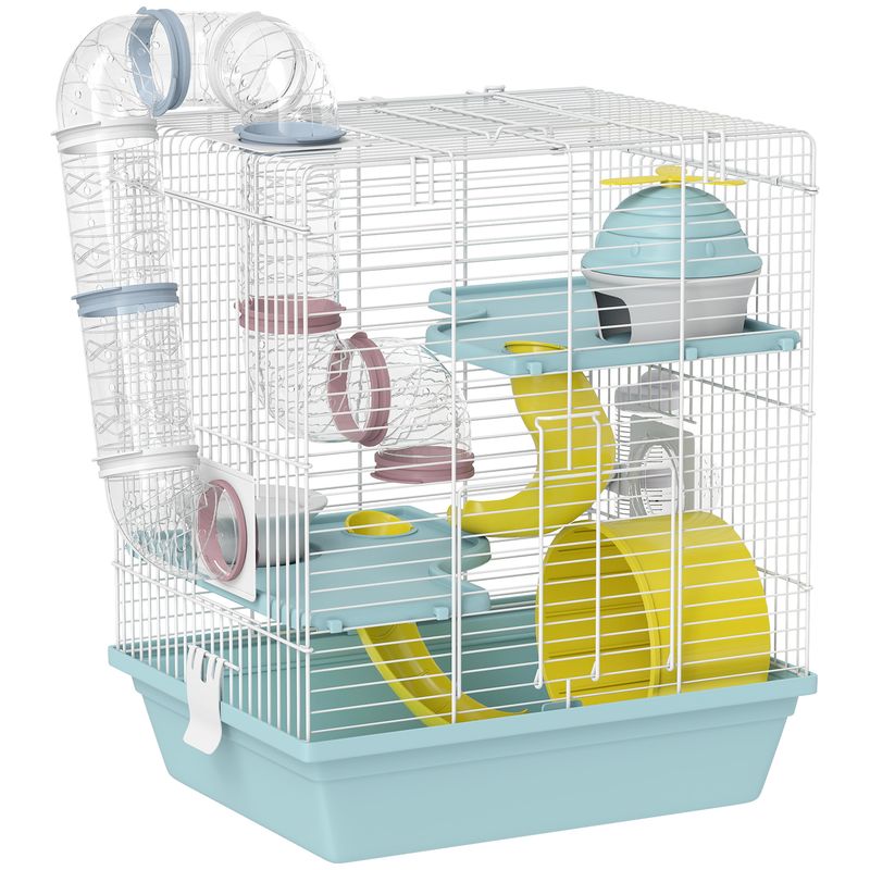 PawHut - Cage hamster 3 niveaux avec roue toboggan H.41cm-blanc bleu