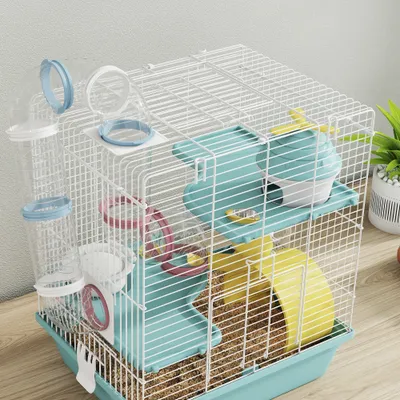 PawHut - Cage hamster 3 niveaux avec roue toboggan H.41cm-blanc bleu