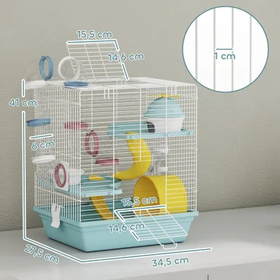 PawHut - Cage hamster 3 niveaux avec roue toboggan H.41cm-blanc bleu