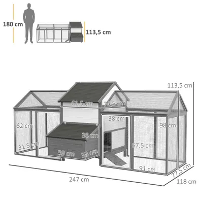PawHut - Poulailler Bois 2 Enclos Modulables Niche Pondoir - Gris