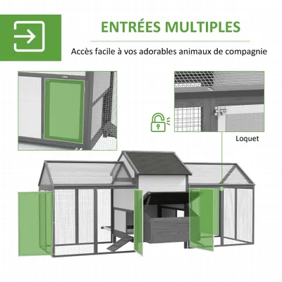 PawHut - Poulailler Bois 2 Enclos Modulables Niche Pondoir - Gris