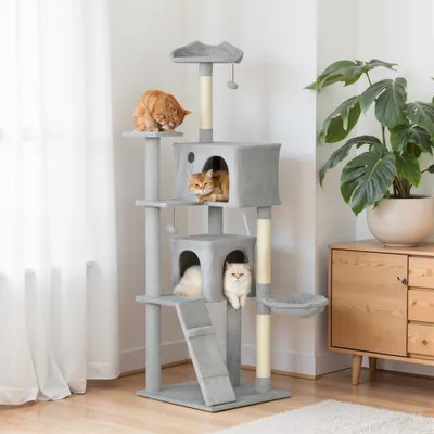 PawHut - arbre à chat niche, hamac, griffoir, plateforme H.180cm-gris clair PawHut - arbre à chat niche, hamac, griffoir, plateforme H.180cm-gris clair