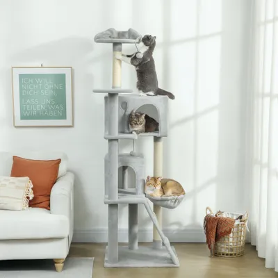 PawHut - arbre à chat niche, hamac, griffoir, plateforme H.180cm-gris clair PawHut - arbre à chat niche, hamac, griffoir, plateforme H.180cm-gris clair