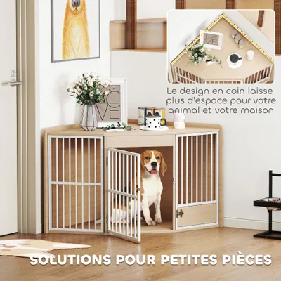 PawHut - Cage d'angle pour chien porte entrée + rotative H.64cm-bois clair PawHut - Cage d'angle pour chien porte entrée + rotative H.64cm-bois clair