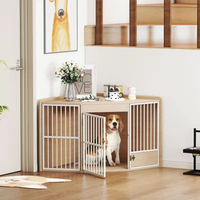 PawHut - Cage d'angle pour chien porte entrée + rotative H.64cm-bois clair PawHut - Cage d'angle pour chien porte entrée + rotative H.64cm-bois clair