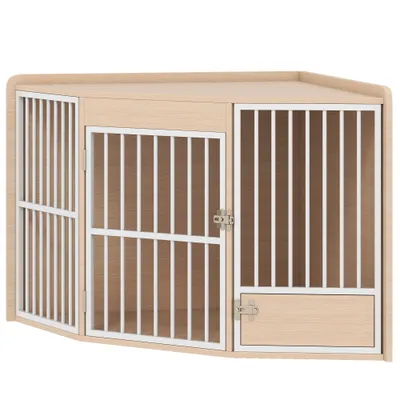 PawHut - Cage d'angle pour chien porte entrée + rotative H.64cm-bois clair PawHut - Cage d'angle pour chien porte entrée + rotative H.64cm-bois clair