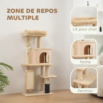 PawHut - Arbre à chat bande massante, griffoirs et jouets H.132cm - beige PawHut - Arbre à chat bande massante, griffoirs et jouets H.132cm - beige
