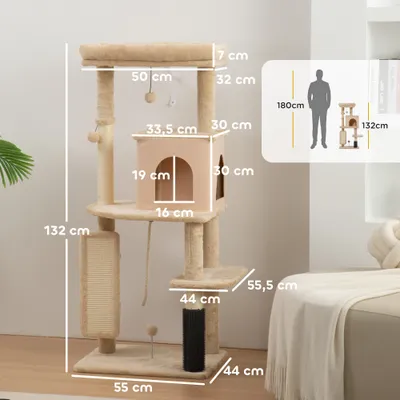 PawHut - Arbre à chat bande massante, griffoirs et jouets H.132cm - beige PawHut - Arbre à chat bande massante, griffoirs et jouets H.132cm - beige
