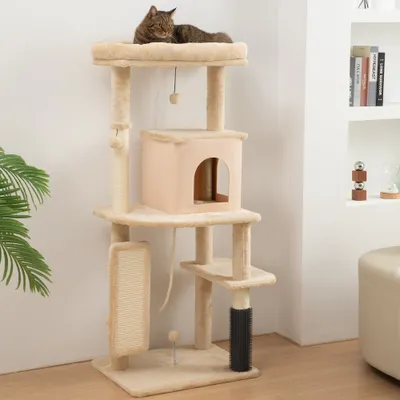 PawHut - Arbre à chat bande massante, griffoirs et jouets H.132cm - beige PawHut - Arbre à chat bande massante, griffoirs et jouets H.132cm - beige