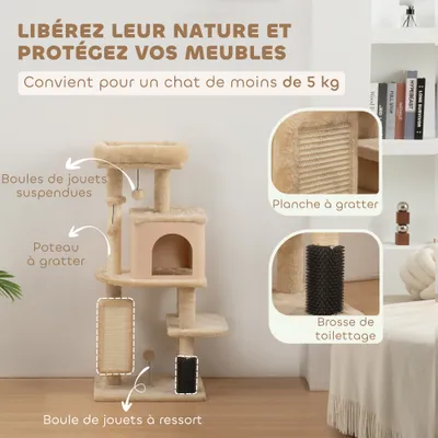 PawHut - Arbre à chat bande massante, griffoirs et jouets H.132cm - beige PawHut - Arbre à chat bande massante, griffoirs et jouets H.132cm - beige