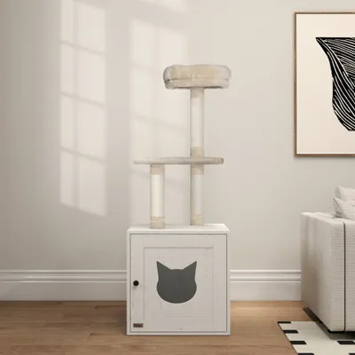 PawHut - Arbre à Chat Maison Toilette 2 en 1 - H.129 cm - Blanc Crème PawHut - Arbre à Chat Maison Toilette 2 en 1 - H.129 cm - Blanc Crème