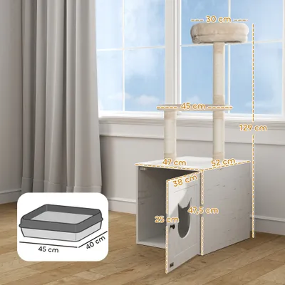 PawHut - Arbre à Chat Maison Toilette 2 en 1 - H.129 cm - Blanc Crème PawHut - Arbre à Chat Maison Toilette 2 en 1 - H.129 cm - Blanc Crème