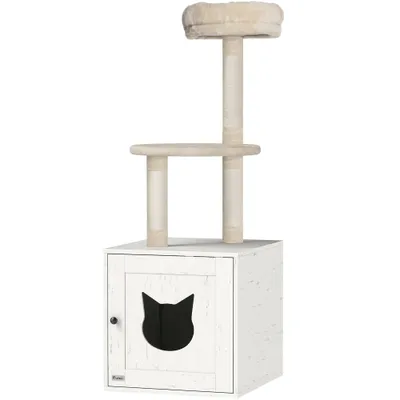 PawHut - Arbre à Chat Maison Toilette 2 en 1 - H.129 cm - Blanc Crème
