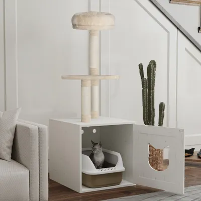 PawHut - Arbre à Chat Maison Toilette 2 en 1 - H.129 cm - Blanc Crème PawHut - Arbre à Chat Maison Toilette 2 en 1 - H.129 cm - Blanc Crème