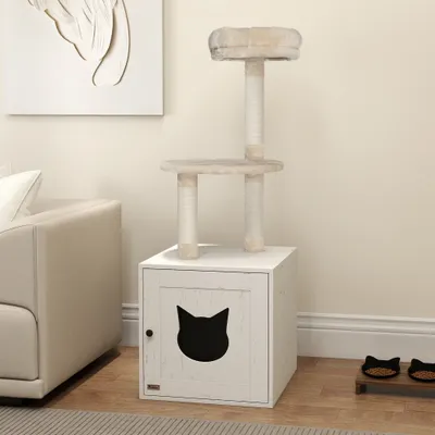 PawHut - Arbre à Chat Maison Toilette 2 en 1 - H.129 cm - Blanc Crème PawHut - Arbre à Chat Maison Toilette 2 en 1 - H.129 cm - Blanc Crème