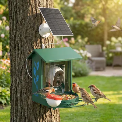 PawHut - Mangeoire oiseaux Caméra solaireH.26cm-vert