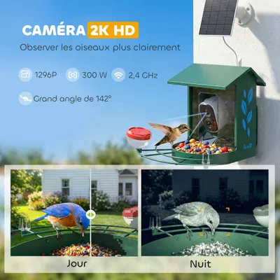 PawHut - Mangeoire oiseaux Caméra solaireH.26cm-vert