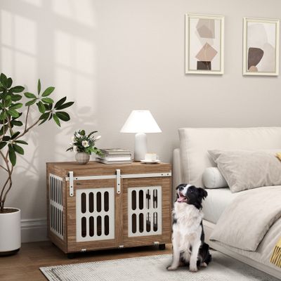PawHut - Cage pour chien porte couliss verrouill H.63cm - beige bois noyer