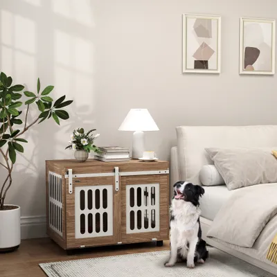 PawHut - Cage pour chien porte couliss verrouill H.63cm - beige bois noyer