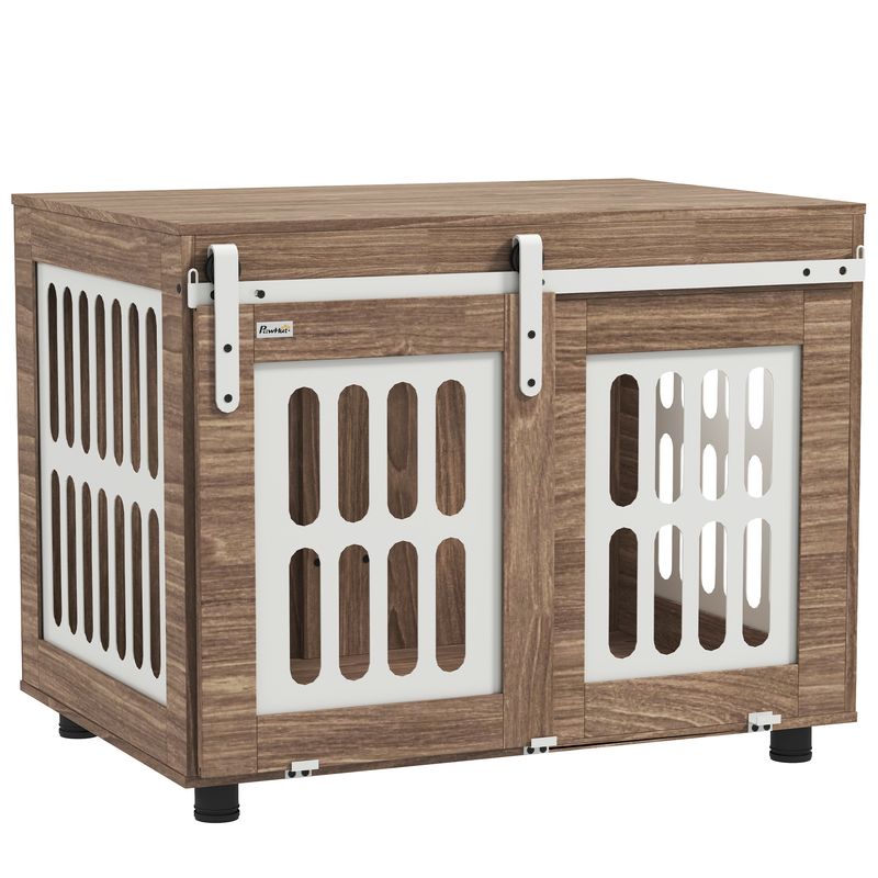 PawHut - Cage pour chien porte couliss verrouill H.63cm - beige bois noyer